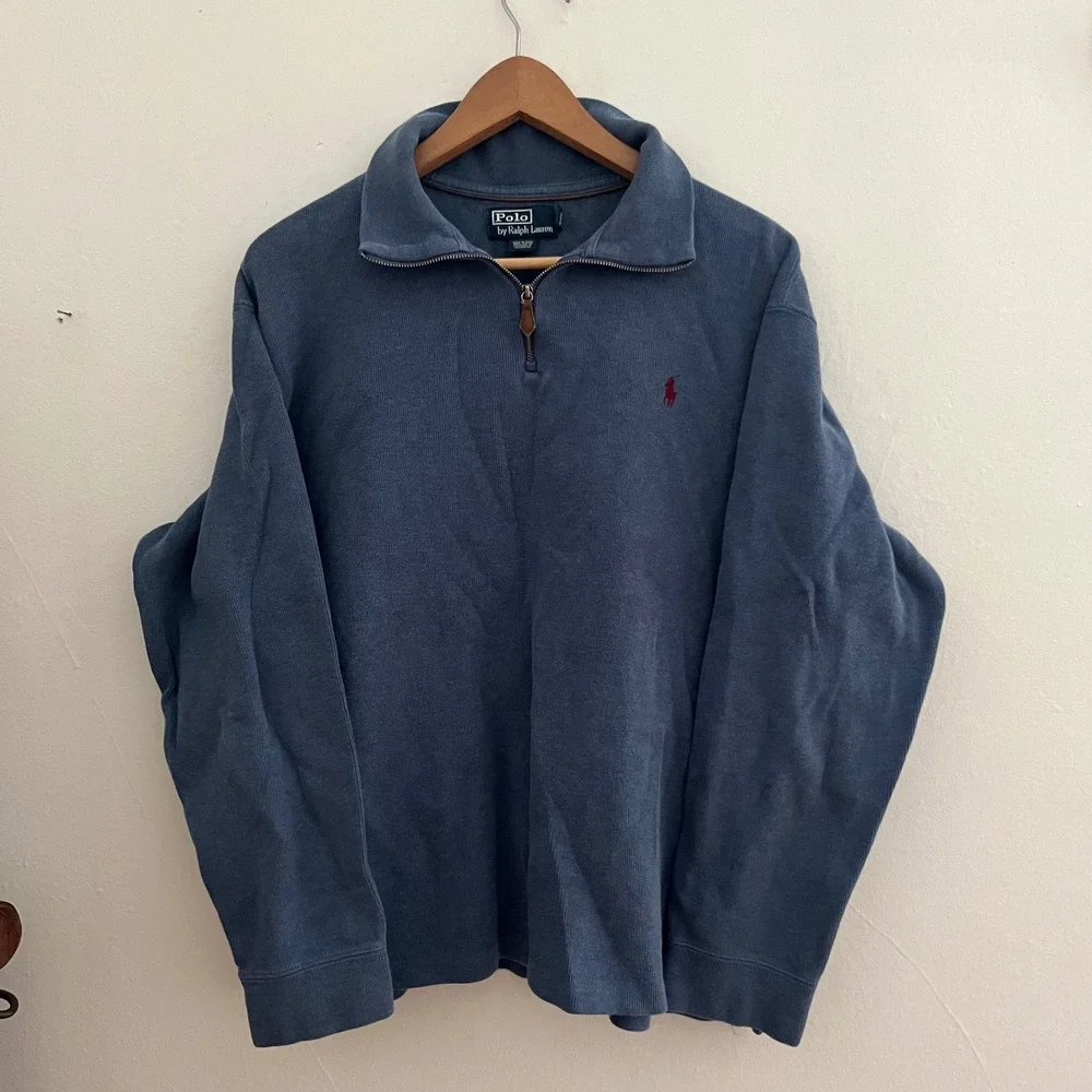 Vintage Polo Ralph Lauren Men's 100% Cotton Blue 1/4 Zip Sweater Size XL